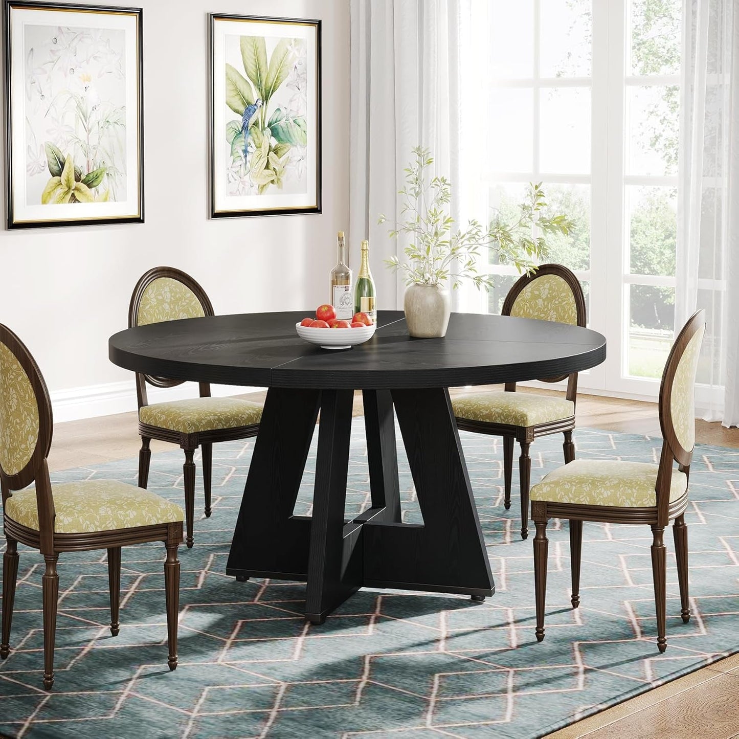 Farmhouse Dining Table, 47 Inch round Dinner Table for 4, Rustic round Dining Room Table for Home Dining Room Living Room (Black)