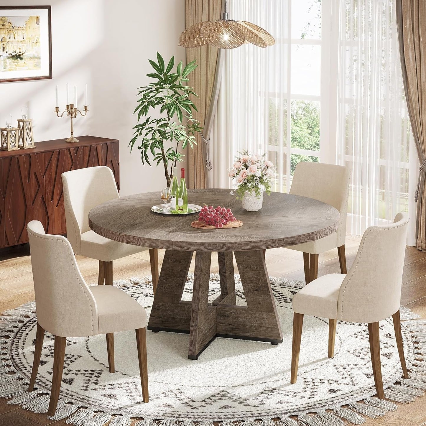 Farmhouse Dining Table, 47 Inch round Dinner Table for 4, Rustic round Dining Room Table for Home Dining Room Living Room (Grey)