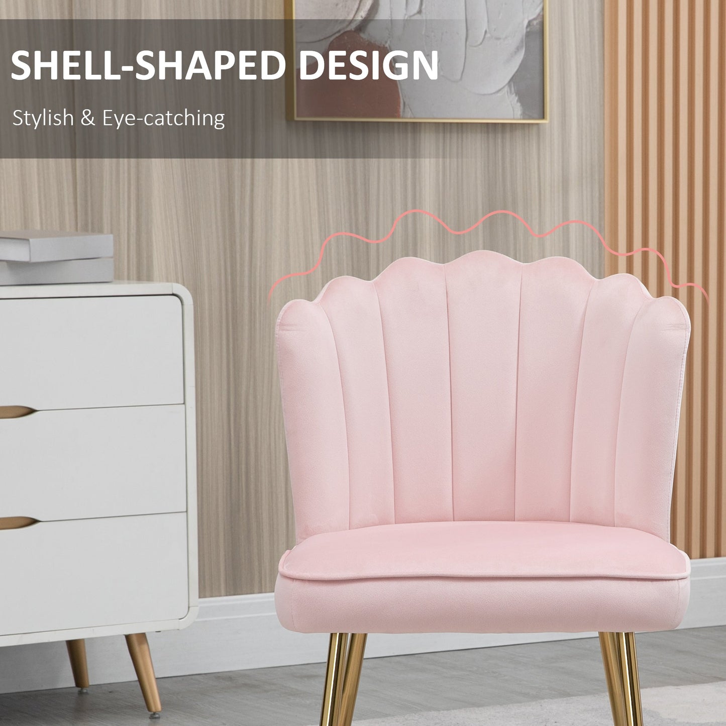 Shell Luxe Velvet Accent Chair, Modern Living Room Chair with Gold Metal Legs for Living Room, Bedroom, Home Office, Set of 2, Pink
