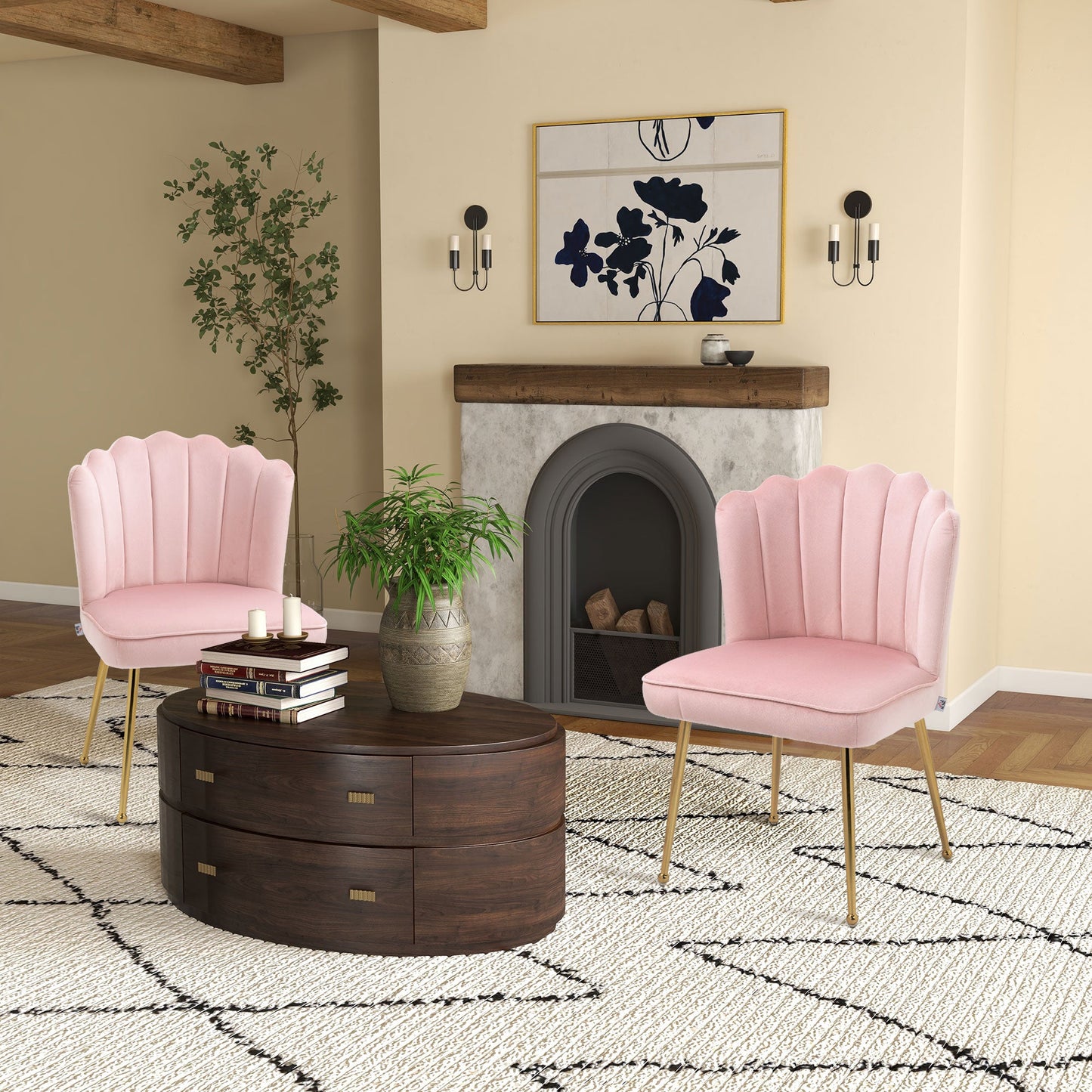 Shell Luxe Velvet Accent Chair, Modern Living Room Chair with Gold Metal Legs for Living Room, Bedroom, Home Office, Set of 2, Pink