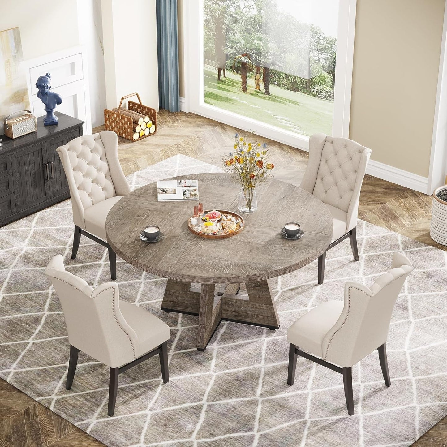 Farmhouse Dining Table, 47 Inch round Dinner Table for 4, Rustic round Dining Room Table for Home Dining Room Living Room (Grey)