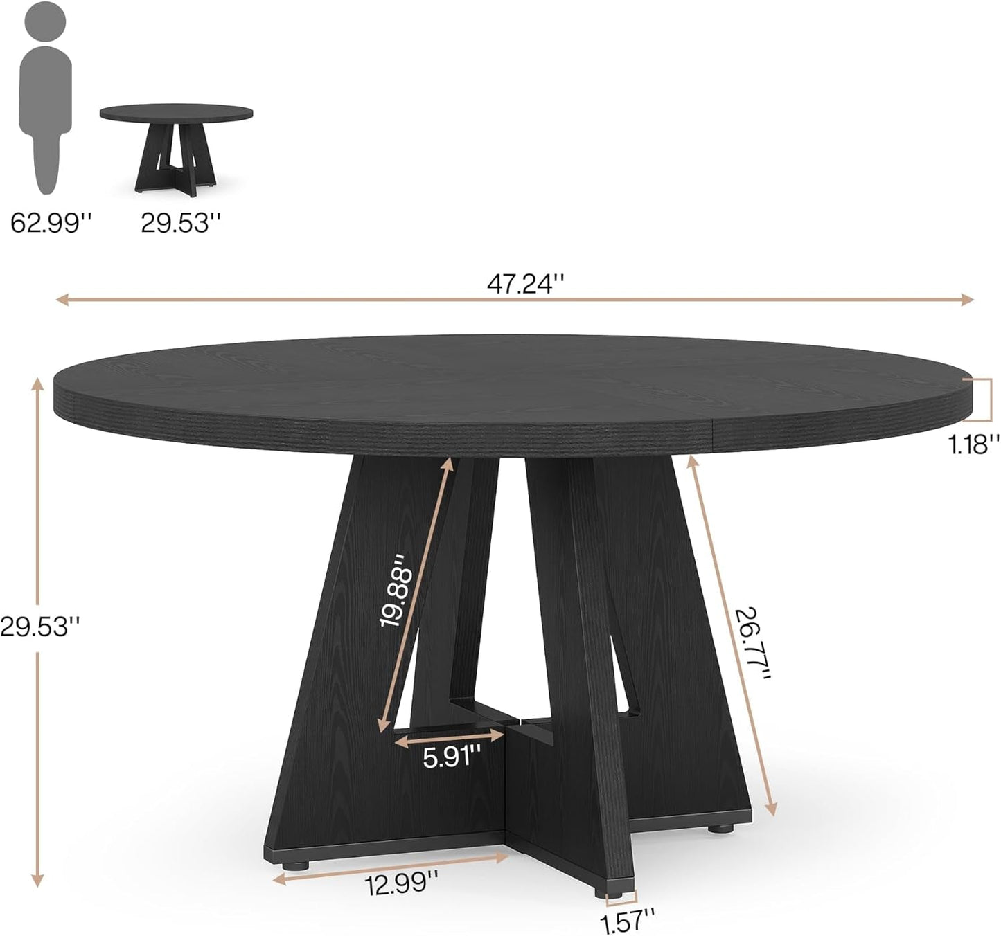 Farmhouse Dining Table, 47 Inch round Dinner Table for 4, Rustic round Dining Room Table for Home Dining Room Living Room (Black)