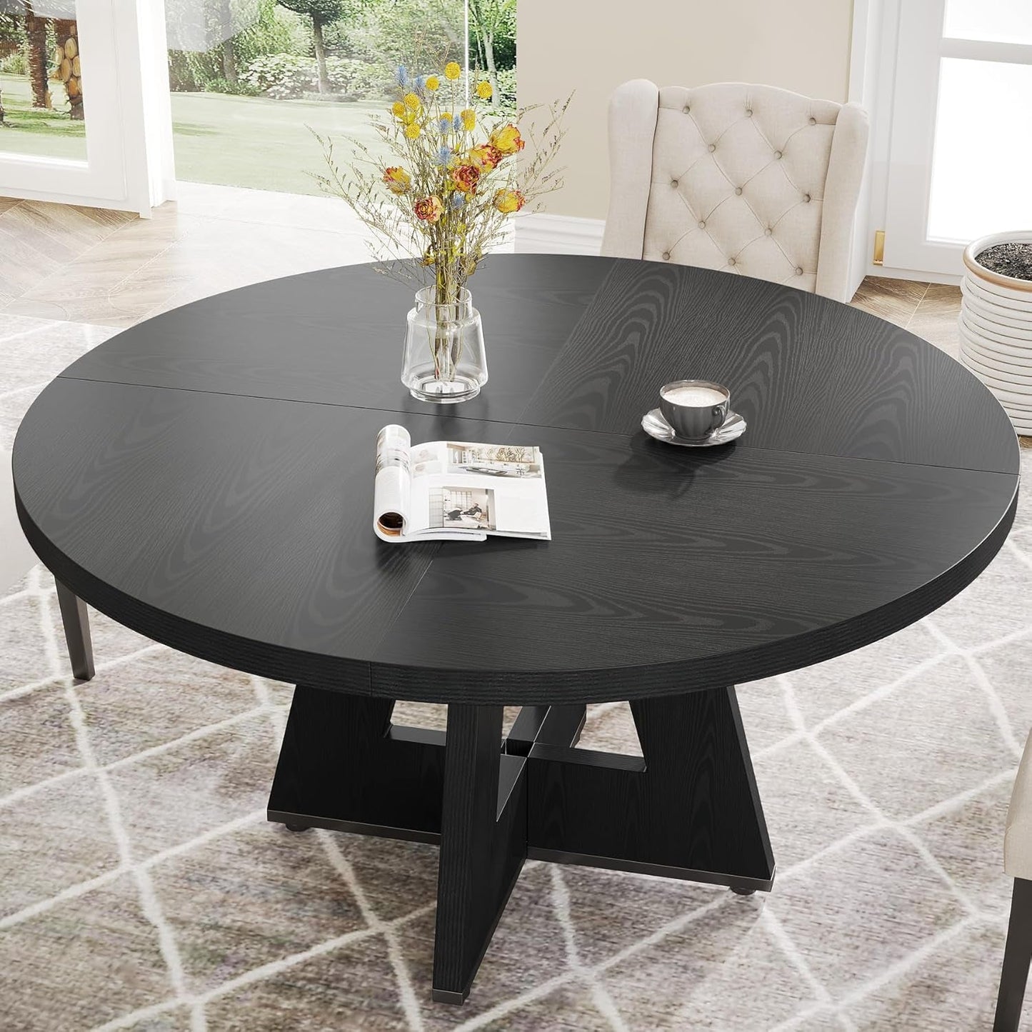 Farmhouse Dining Table, 47 Inch round Dinner Table for 4, Rustic round Dining Room Table for Home Dining Room Living Room (Black)