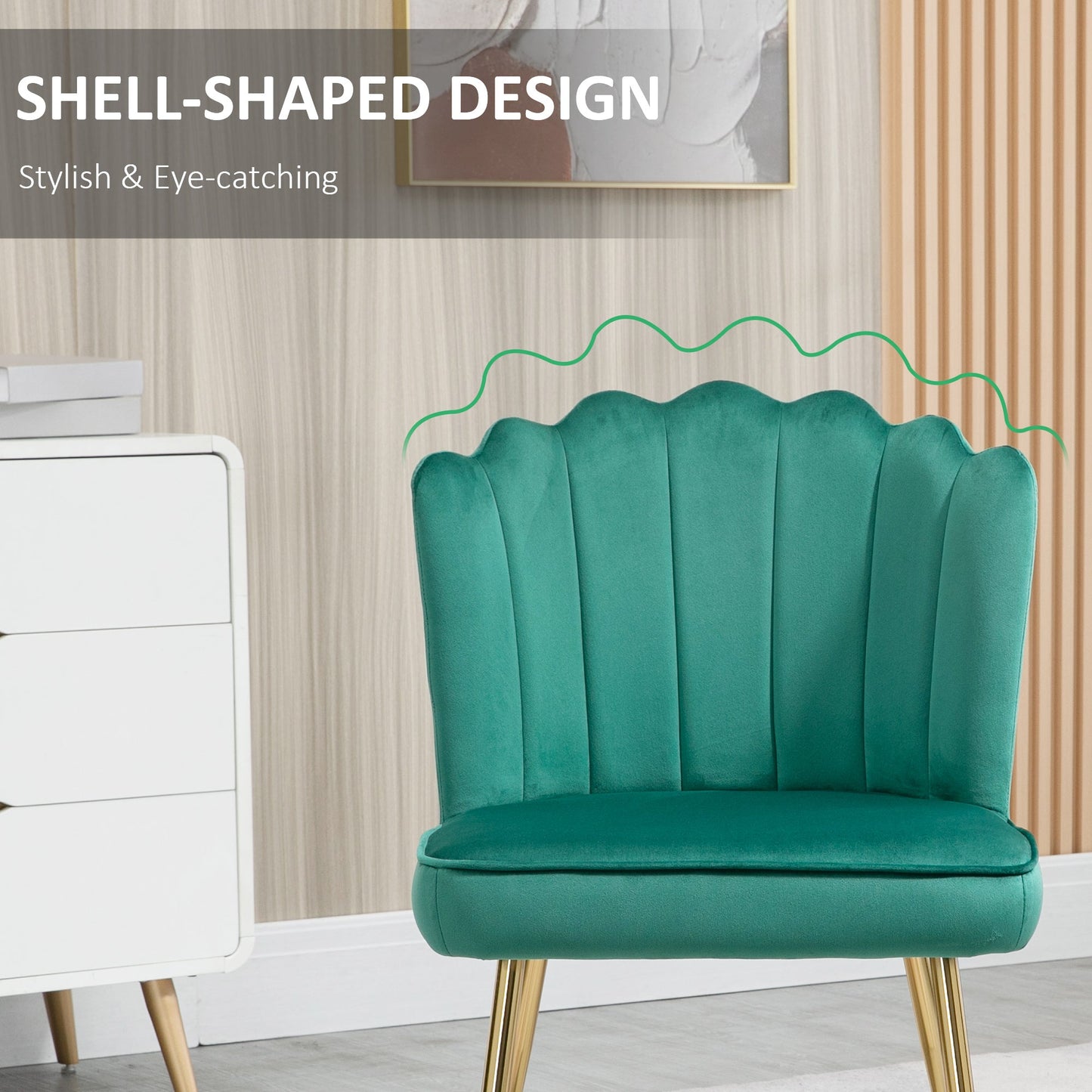 Shell Luxe Velvet Accent Chair, Modern Living Room Chair with Gold Metal Legs for Living Room, Bedroom, Home Office, Set of 2, Green